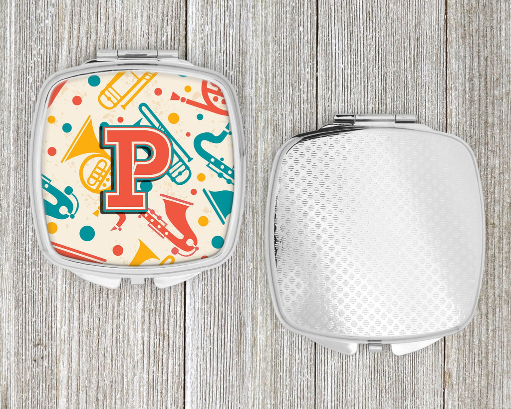 Letter P Retro Teal Orange Musical Instruments Initial Compact Mirror Decorative Travel Makeup Mirror for Women Girls Gifts Pocket Makeup Mirror Folding Handheld