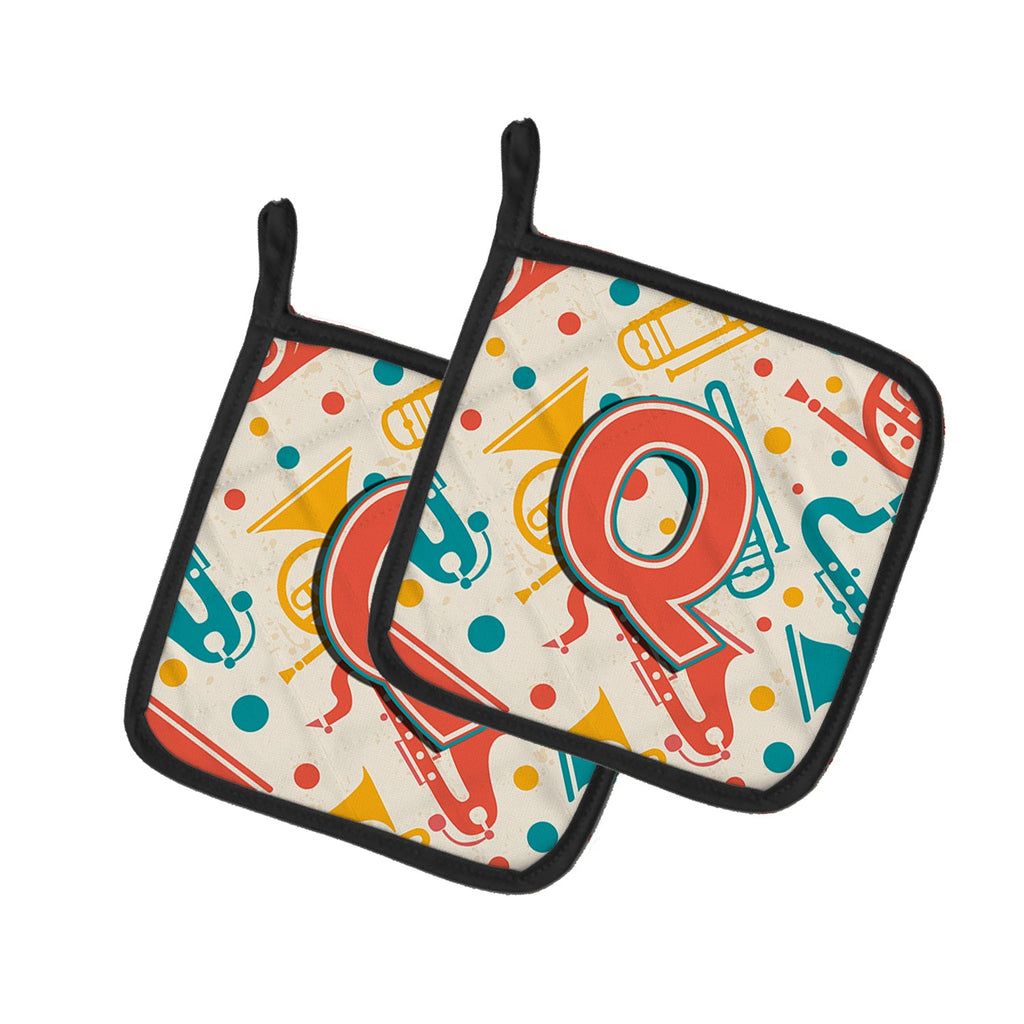 Letter Q Retro Teal Orange Musical Instruments Initial Pot Holder Set of 2 Heat Resistant Quilted Hot Pads 7.5 x 7.5 Inch, Insulated Kitchen Trivets for Cooking & Baking