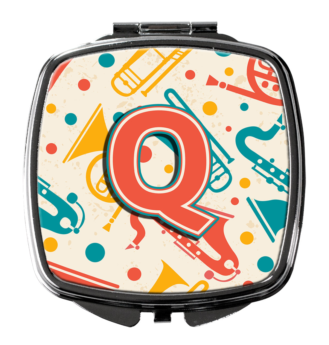 Letter Q Retro Teal Orange Musical Instruments Initial Compact Mirror Decorative Travel Makeup Mirror for Women Girls Gifts Pocket Makeup Mirror Folding Handheld