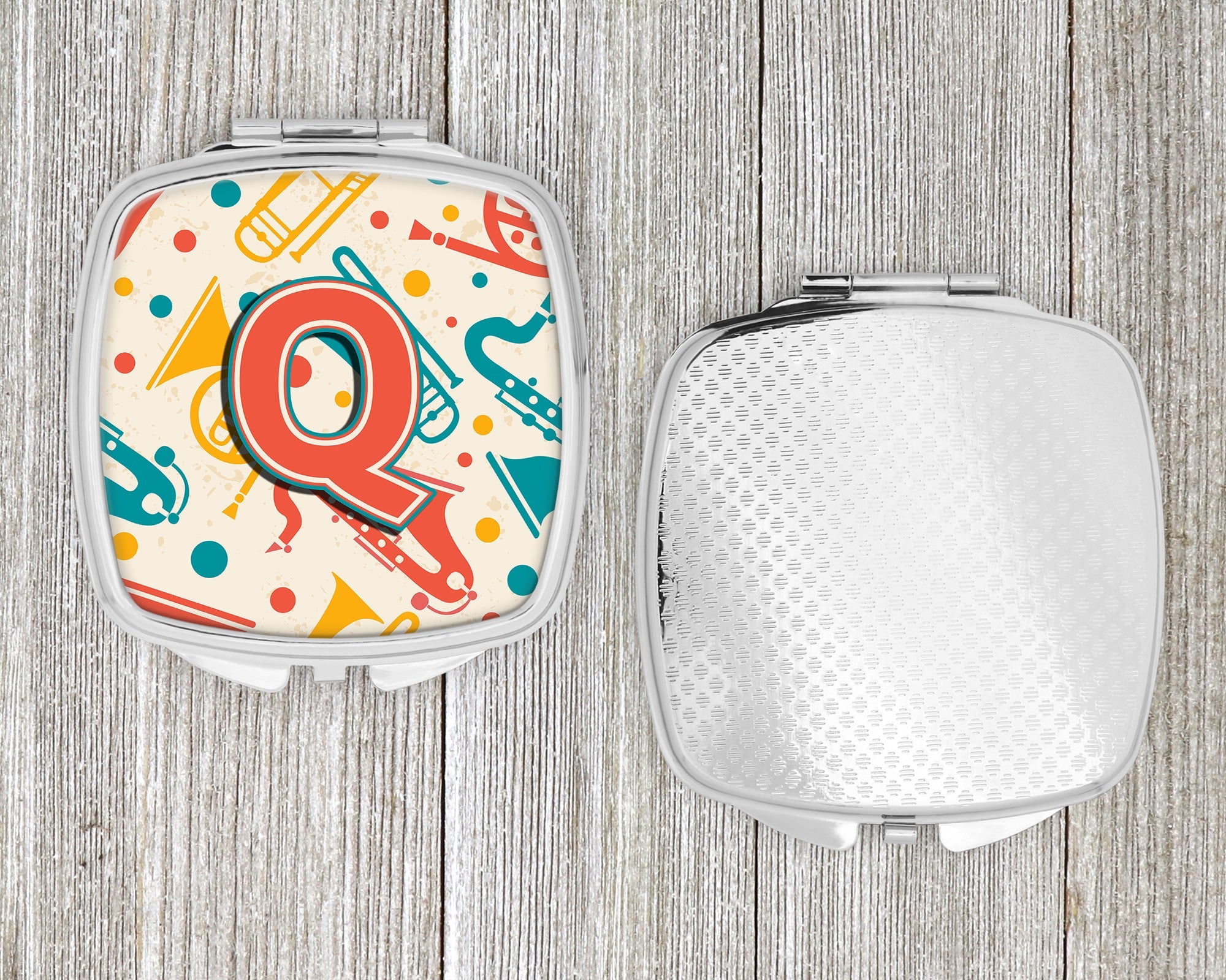 Letter Q Retro Teal Orange Musical Instruments Initial Compact Mirror Decorative Travel Makeup Mirror for Women Girls Gifts Pocket Makeup Mirror Folding Handheld