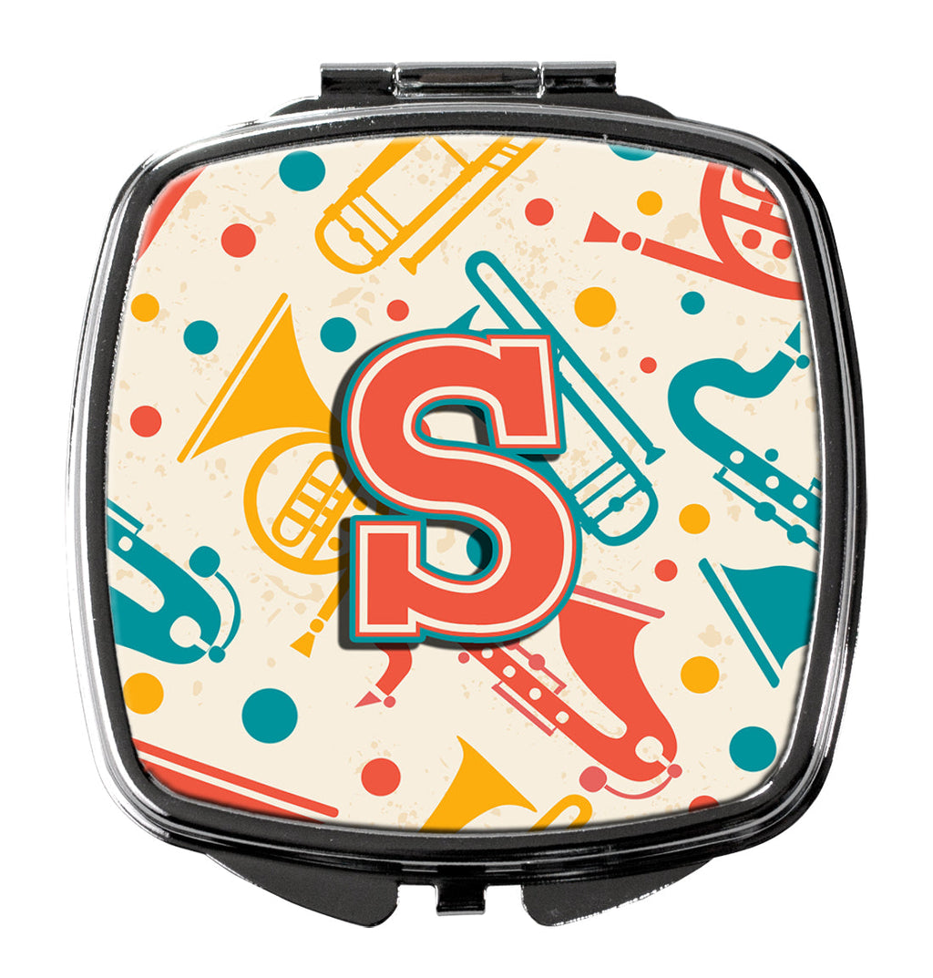 Letter S Retro Teal Orange Musical Instruments Initial Compact Mirror Decorative Travel Makeup Mirror for Women Girls Gifts Pocket Makeup Mirror Folding Handheld
