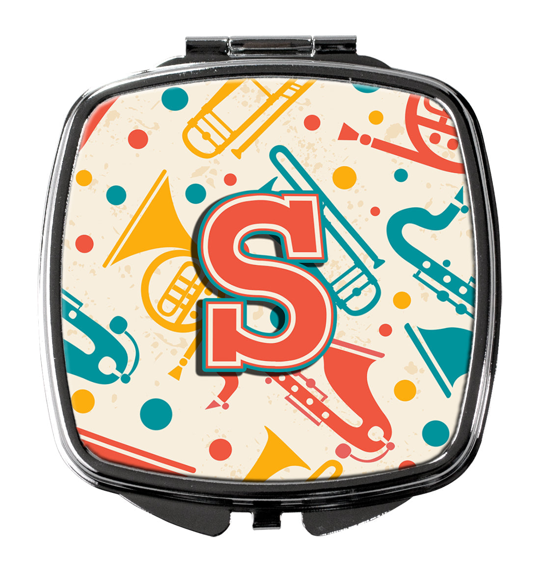 Letter S Retro Teal Orange Musical Instruments Initial Compact Mirror Decorative Travel Makeup Mirror for Women Girls Gifts Pocket Makeup Mirror Folding Handheld