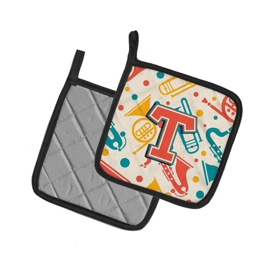 Letter T Retro Teal Orange Musical Instruments Initial Pot Holder Set of 2 Heat Resistant Quilted Hot Pads 7.5 x 7.5 Inch, Insulated Kitchen Trivets for Cooking & Baking