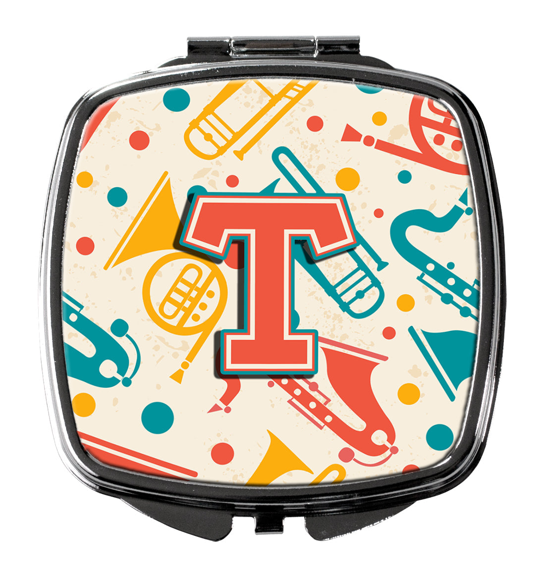 Letter T Retro Teal Orange Musical Instruments Initial Compact Mirror Decorative Travel Makeup Mirror for Women Girls Gifts Pocket Makeup Mirror Folding Handheld