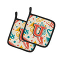 Letter U Retro Teal Orange Musical Instruments Initial Pot Holder Set of 2 Heat Resistant Quilted Hot Pads 7.5 x 7.5 Inch, Insulated Kitchen Trivets for Cooking & Baking