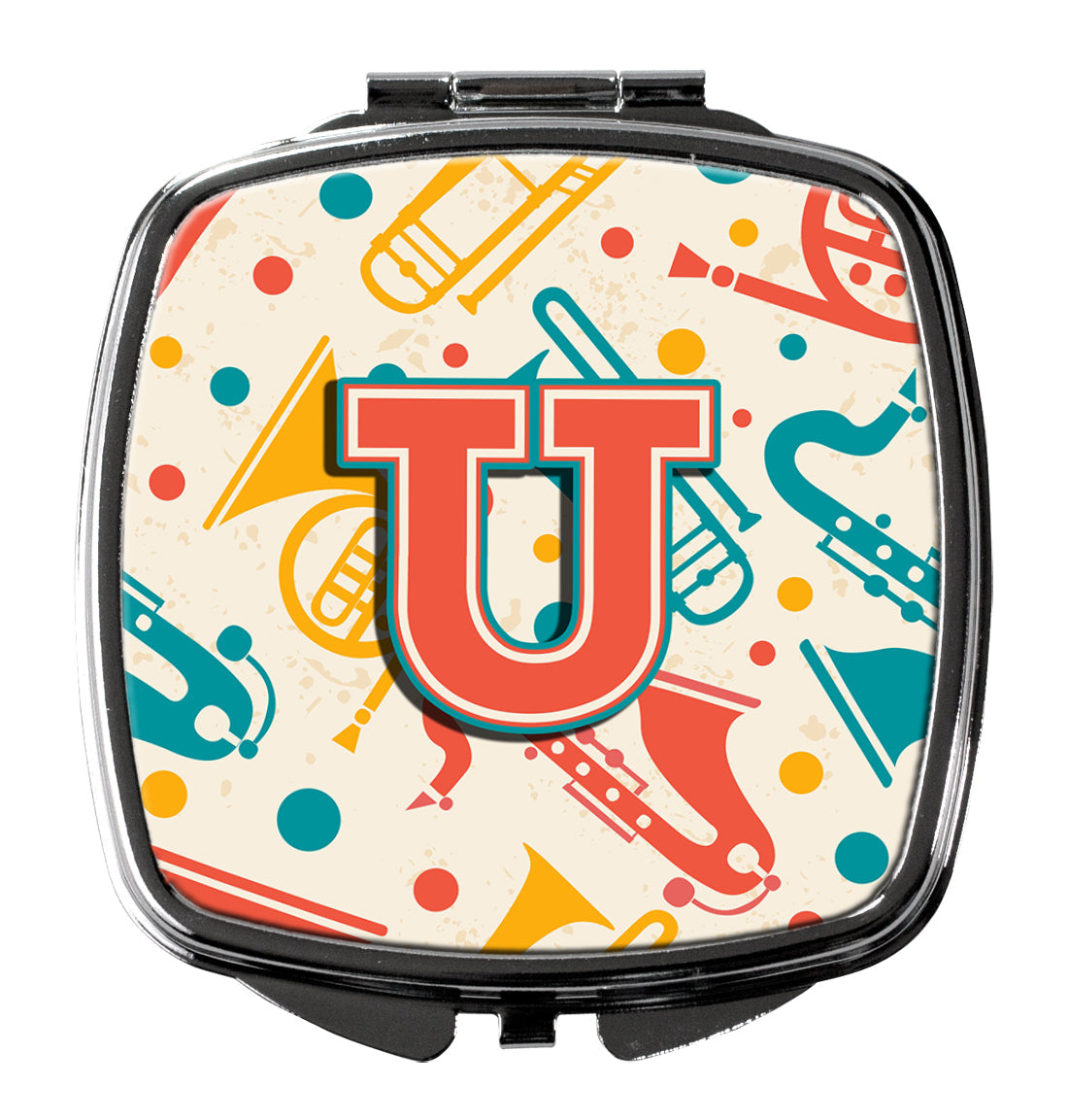 Letter U Retro Teal Orange Musical Instruments Initial Compact Mirror Decorative Travel Makeup Mirror for Women Girls Gifts Pocket Makeup Mirror Folding Handheld