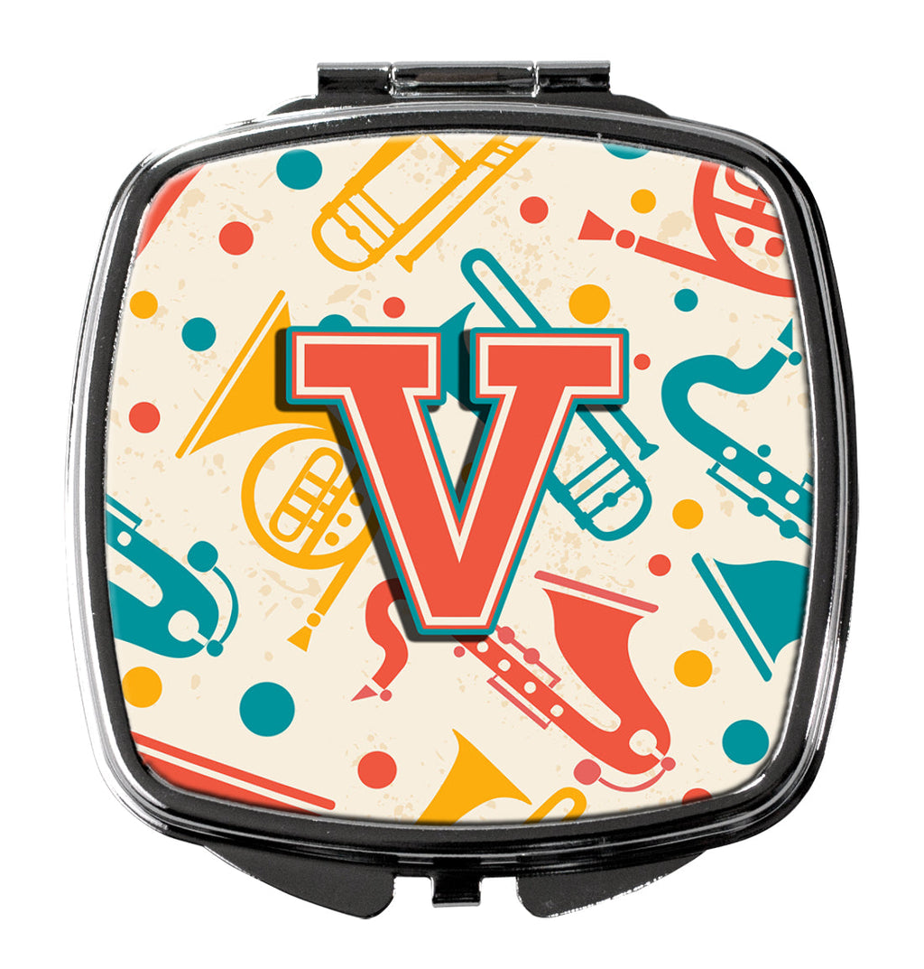 Letter V Retro Teal Orange Musical Instruments Initial Compact Mirror Decorative Travel Makeup Mirror for Women Girls Gifts Pocket Makeup Mirror Folding Handheld
