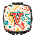 Letter V Retro Teal Orange Musical Instruments Initial Compact Mirror Decorative Travel Makeup Mirror for Women Girls Gifts Pocket Makeup Mirror Folding Handheld