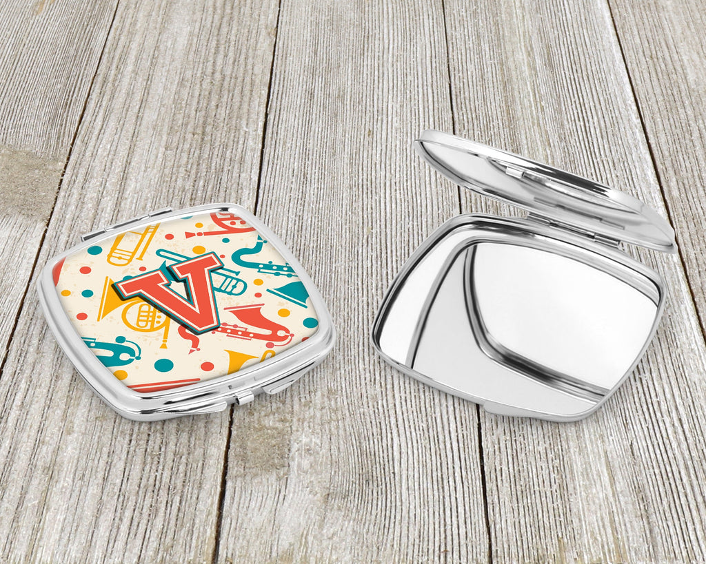 Letter V Retro Teal Orange Musical Instruments Initial Compact Mirror Decorative Travel Makeup Mirror for Women Girls Gifts Pocket Makeup Mirror Folding Handheld