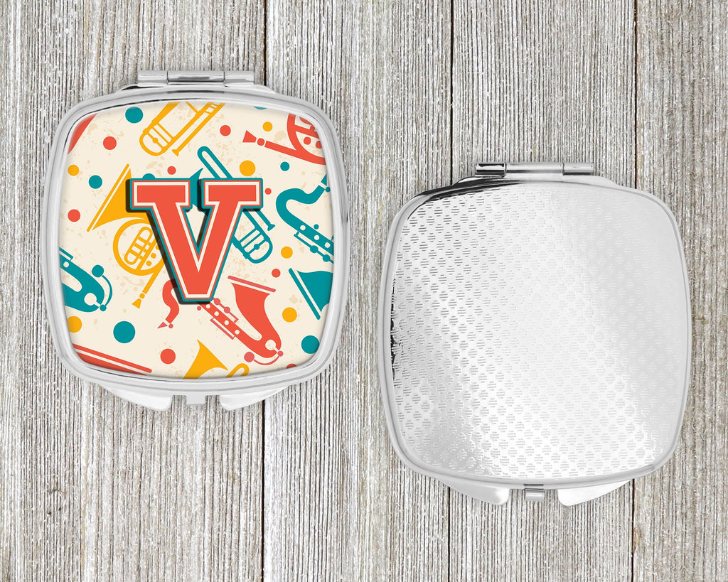 Letter V Retro Teal Orange Musical Instruments Initial Compact Mirror Decorative Travel Makeup Mirror for Women Girls Gifts Pocket Makeup Mirror Folding Handheld