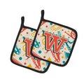 Letter W Retro Teal Orange Musical Instruments Initial Pot Holder Set of 2 Heat Resistant Quilted Hot Pads 7.5 x 7.5 Inch, Insulated Kitchen Trivets for Cooking & Baking