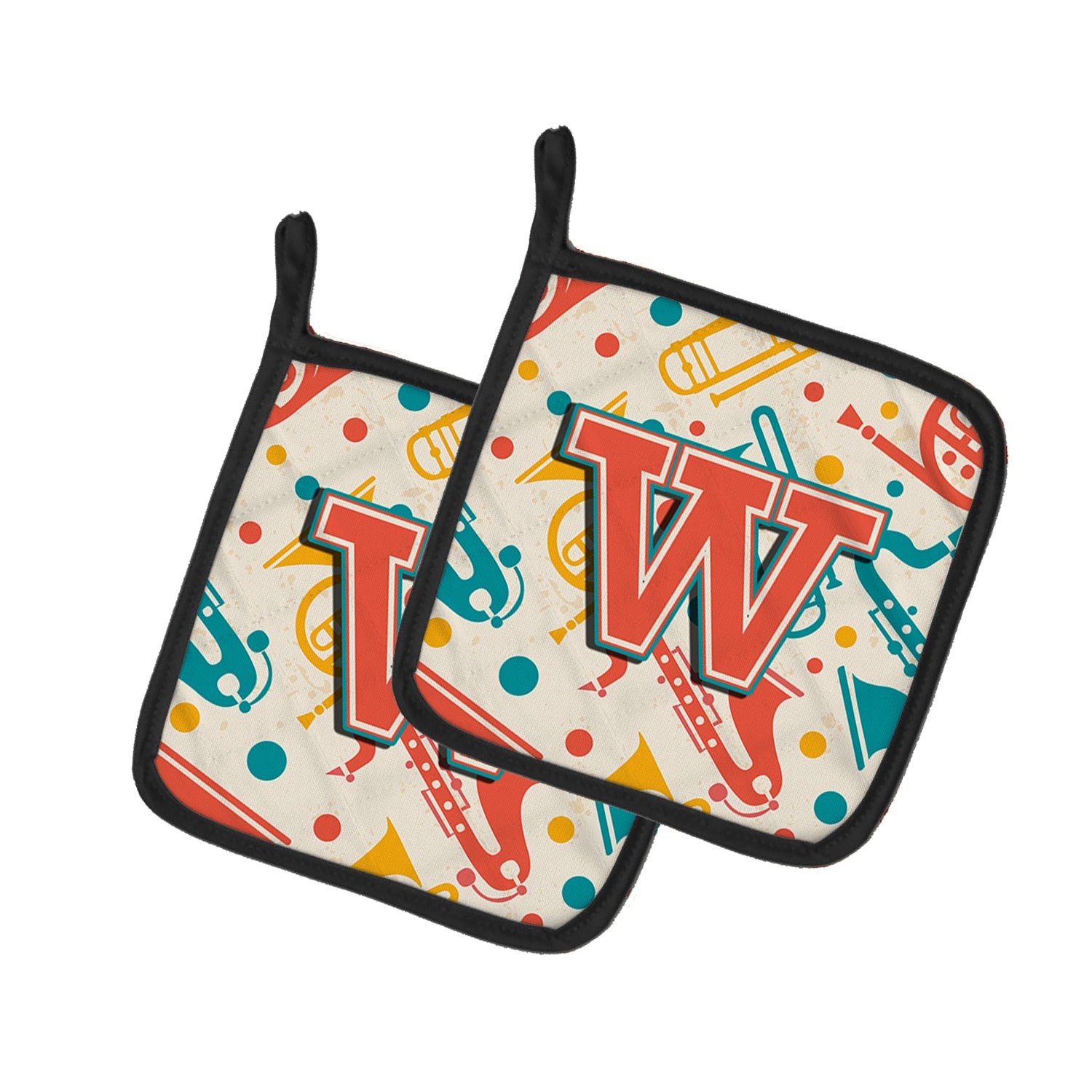 Letter W Retro Teal Orange Musical Instruments Initial Pot Holder Set of 2 Heat Resistant Quilted Hot Pads 7.5 x 7.5 Inch, Insulated Kitchen Trivets for Cooking & Baking