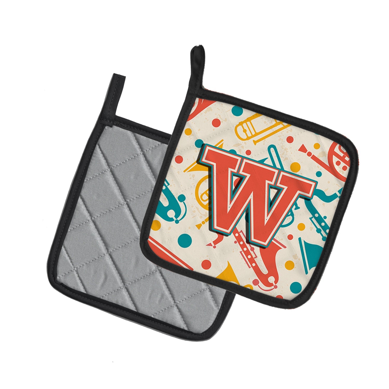 Letter W Retro Teal Orange Musical Instruments Initial Pot Holder Set of 2 Heat Resistant Quilted Hot Pads 7.5 x 7.5 Inch, Insulated Kitchen Trivets for Cooking & Baking
