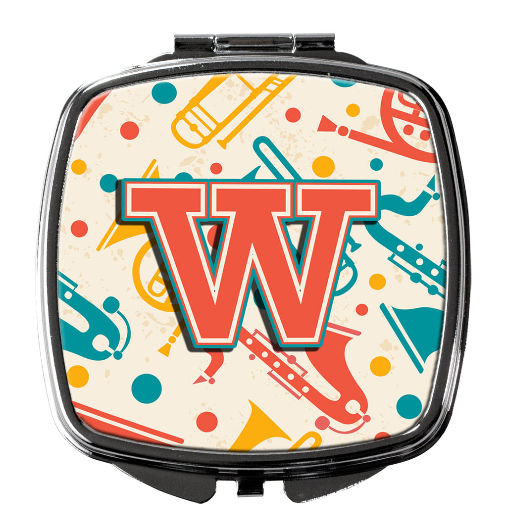 Letter W Retro Teal Orange Musical Instruments Initial Compact Mirror Decorative Travel Makeup Mirror for Women Girls Gifts Pocket Makeup Mirror Folding Handheld