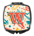 Letter W Retro Teal Orange Musical Instruments Initial Compact Mirror Decorative Travel Makeup Mirror for Women Girls Gifts Pocket Makeup Mirror Folding Handheld