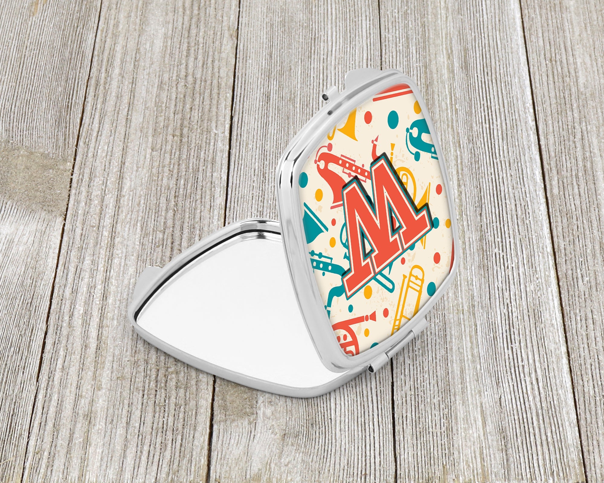 Letter W Retro Teal Orange Musical Instruments Initial Compact Mirror Decorative Travel Makeup Mirror for Women Girls Gifts Pocket Makeup Mirror Folding Handheld