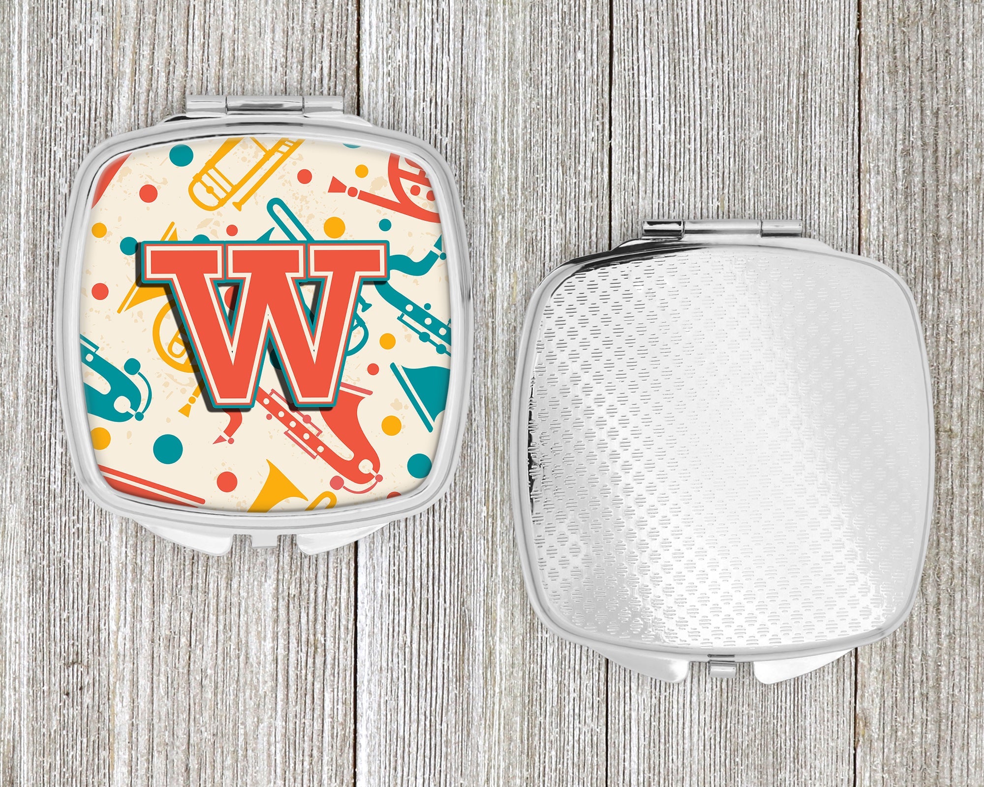 Letter W Retro Teal Orange Musical Instruments Initial Compact Mirror Decorative Travel Makeup Mirror for Women Girls Gifts Pocket Makeup Mirror Folding Handheld