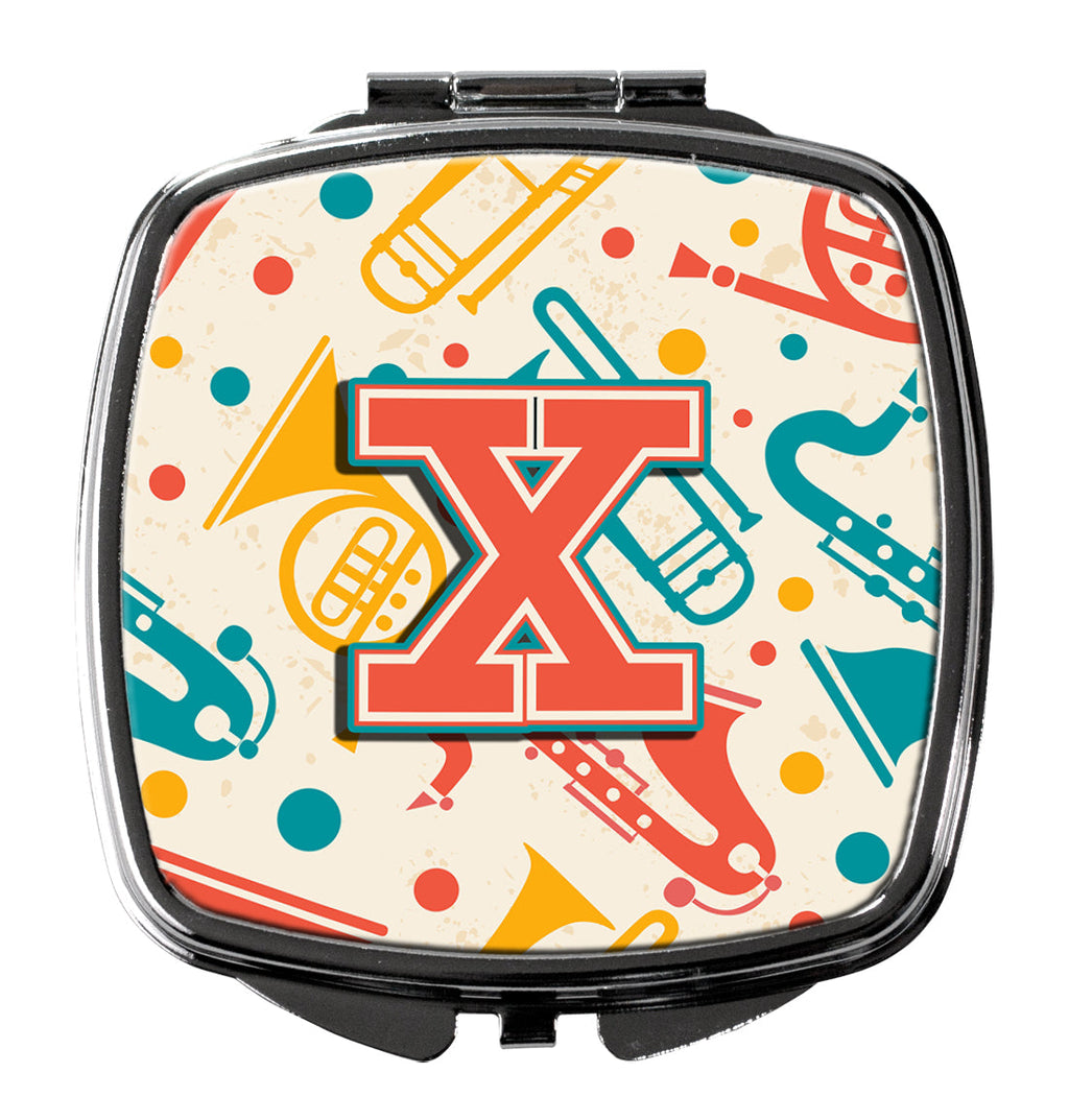 Letter X Retro Teal Orange Musical Instruments Initial Compact Mirror Decorative Travel Makeup Mirror for Women Girls Gifts Pocket Makeup Mirror Folding Handheld
