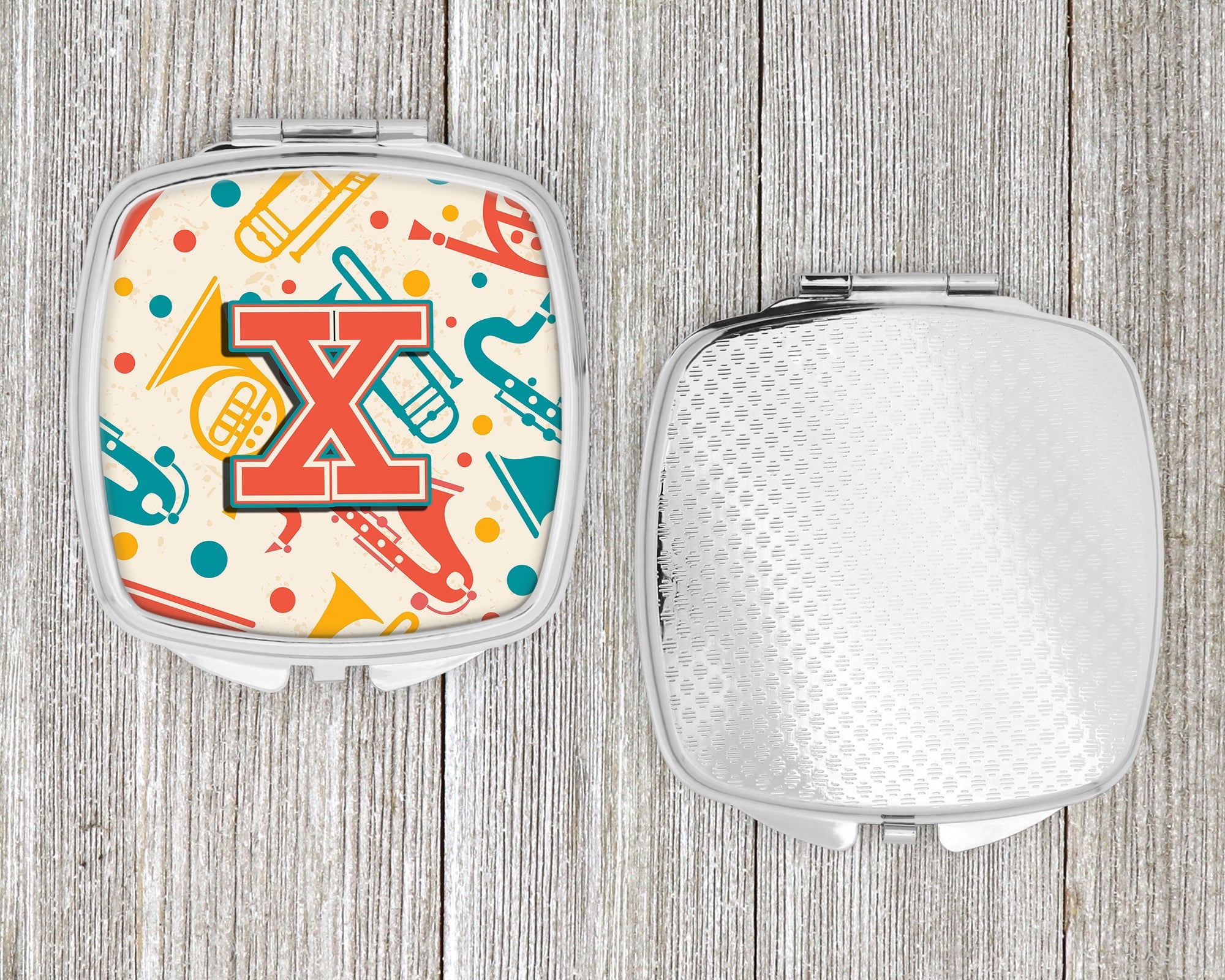 Letter X Retro Teal Orange Musical Instruments Initial Compact Mirror Decorative Travel Makeup Mirror for Women Girls Gifts Pocket Makeup Mirror Folding Handheld