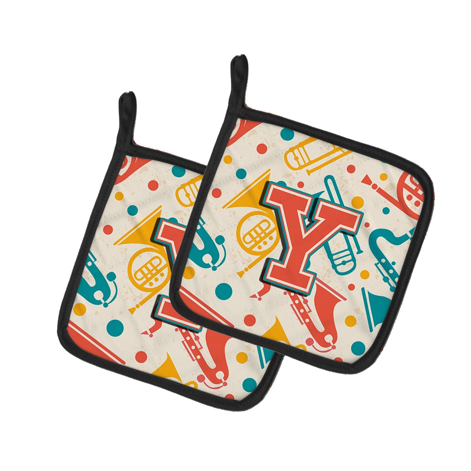 Letter Y Retro Teal Orange Musical Instruments Initial Pot Holder Set of 2 Heat Resistant Quilted Hot Pads 7.5 x 7.5 Inch, Insulated Kitchen Trivets for Cooking & Baking