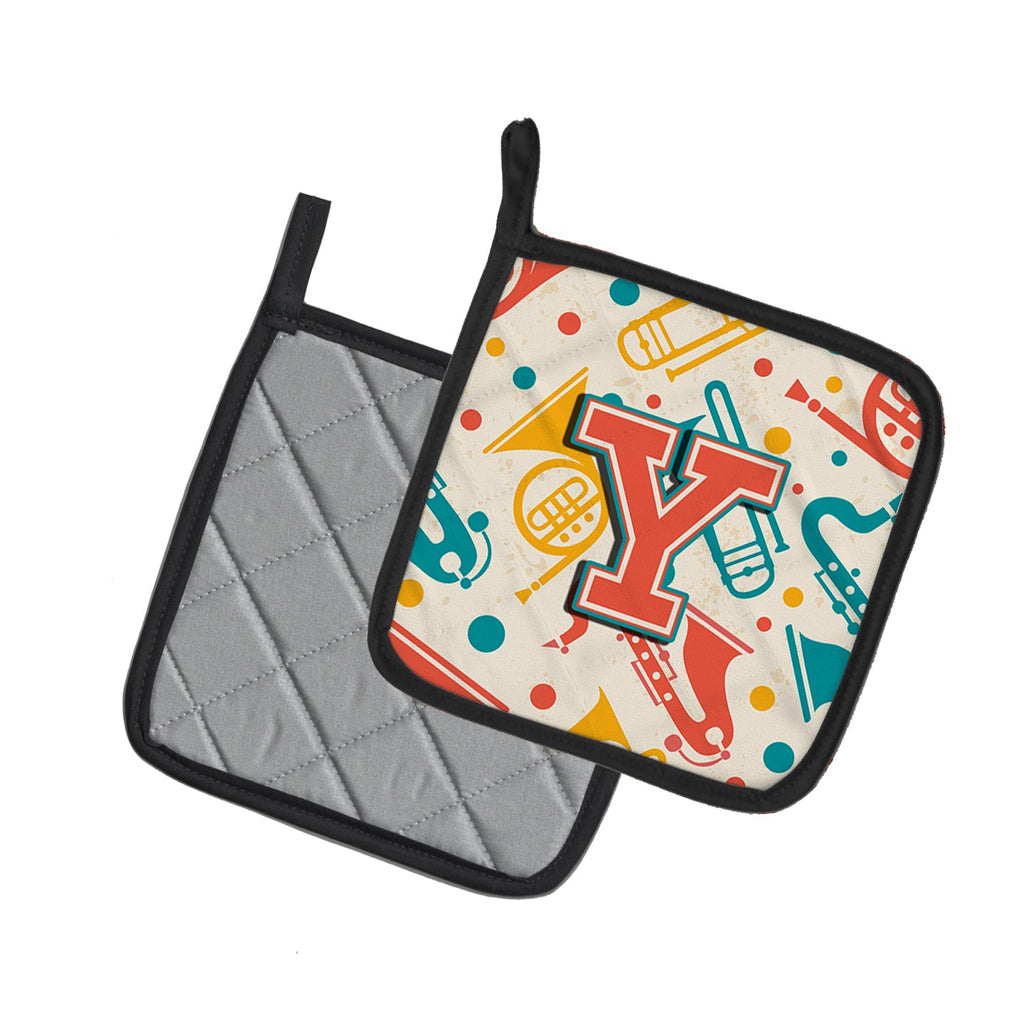 Letter Y Retro Teal Orange Musical Instruments Initial Pot Holder Set of 2 Heat Resistant Quilted Hot Pads 7.5 x 7.5 Inch, Insulated Kitchen Trivets for Cooking & Baking