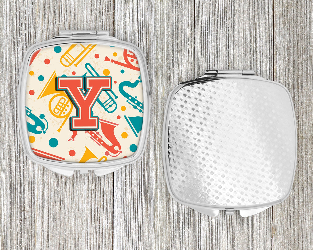 Letter Y Retro Teal Orange Musical Instruments Initial Compact Mirror Decorative Travel Makeup Mirror for Women Girls Gifts Pocket Makeup Mirror Folding Handheld