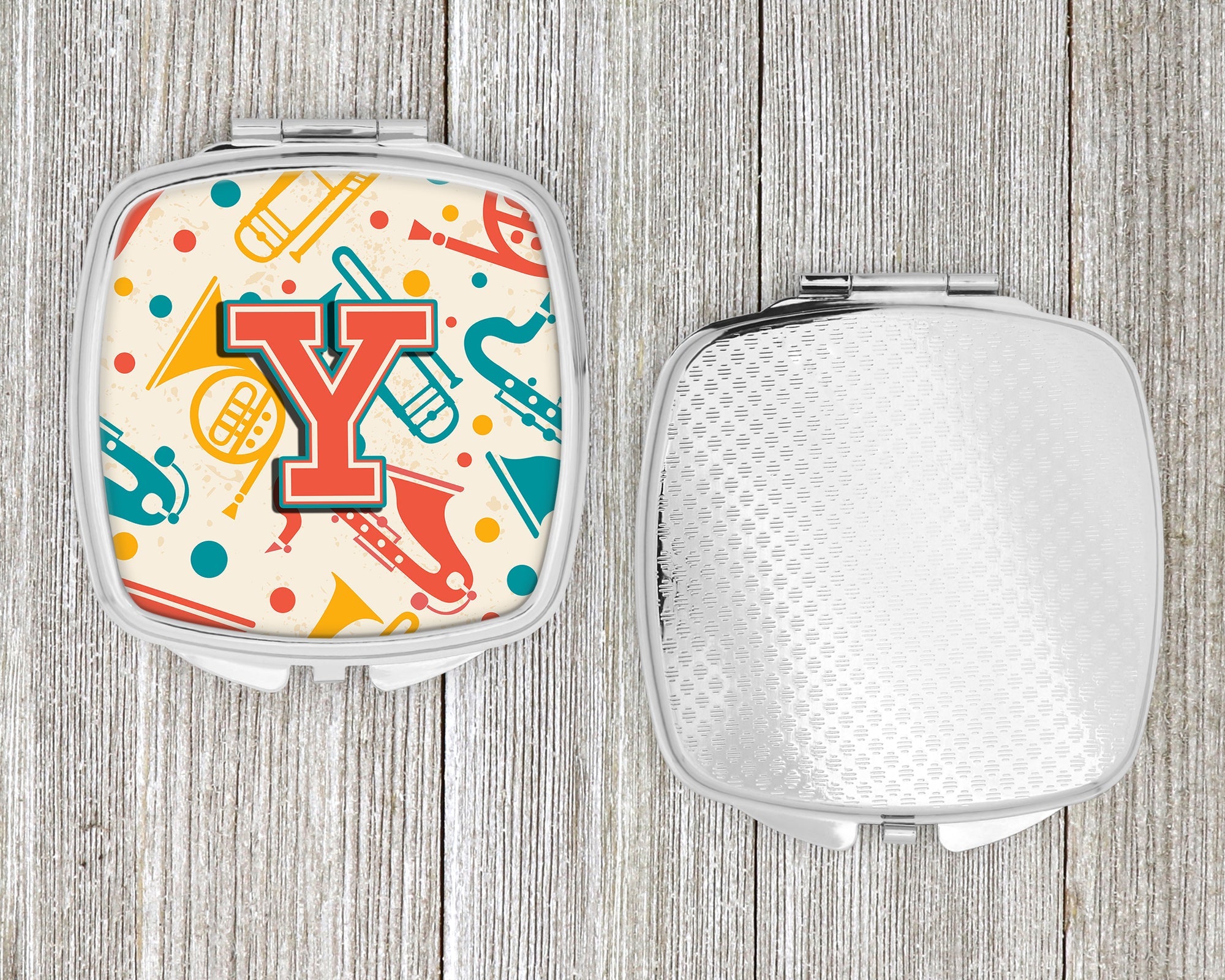 Letter Y Retro Teal Orange Musical Instruments Initial Compact Mirror Decorative Travel Makeup Mirror for Women Girls Gifts Pocket Makeup Mirror Folding Handheld