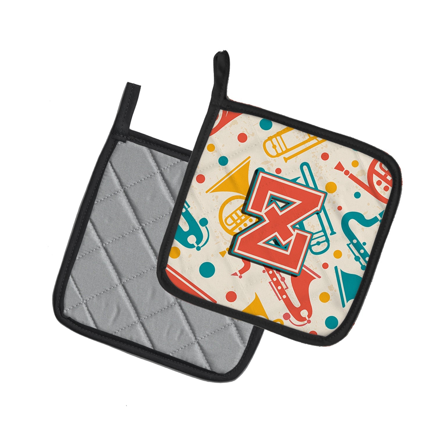 Letter Z Retro Teal Orange Musical Instruments Initial Pot Holder Set of 2 Heat Resistant Quilted Hot Pads 7.5 x 7.5 Inch, Insulated Kitchen Trivets for Cooking & Baking