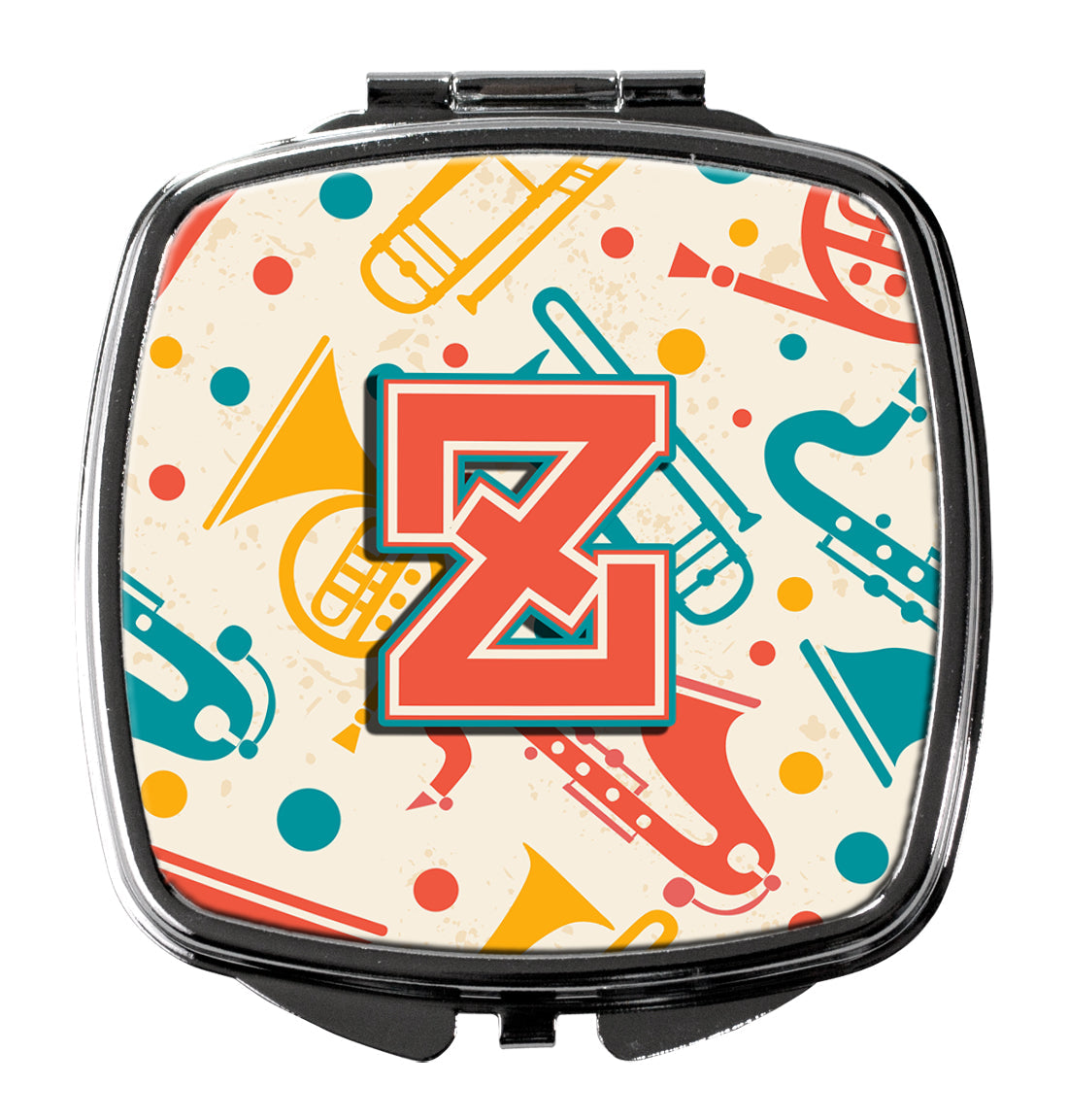 Letter Z Retro Teal Orange Musical Instruments Initial Compact Mirror Decorative Travel Makeup Mirror for Women Girls Gifts Pocket Makeup Mirror Folding Handheld
