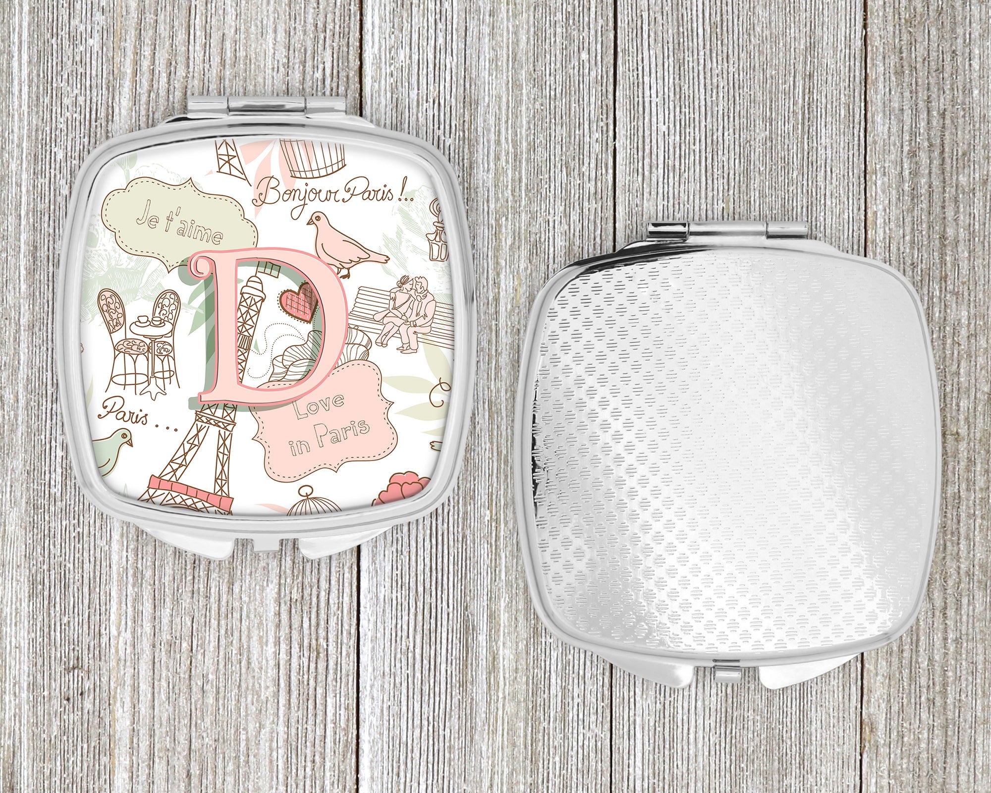 Letter D Love in Paris Pink Compact Mirror Decorative Travel Makeup Mirror for Women Girls Gifts Pocket Makeup Mirror Folding Handheld
