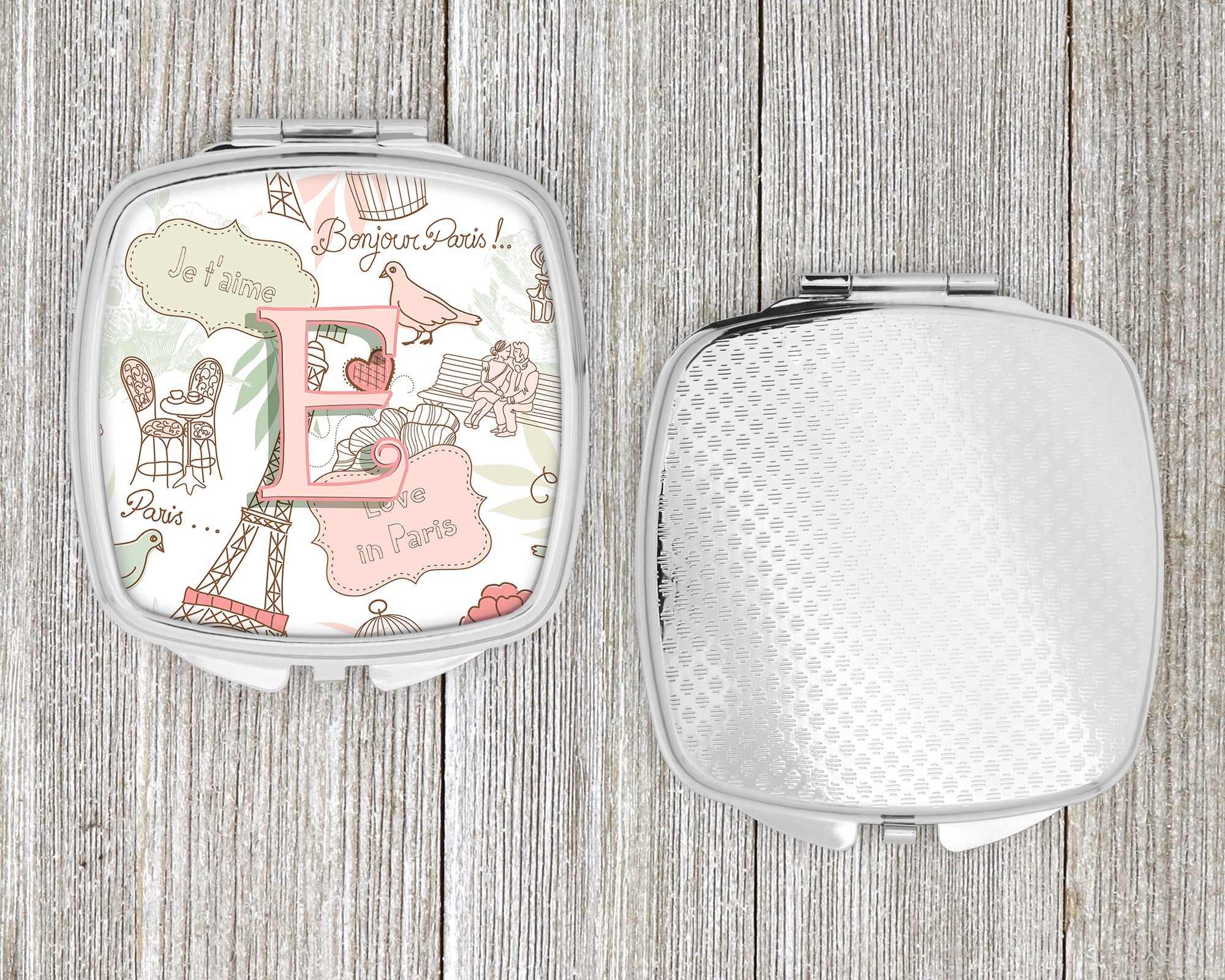 Letter E Love in Paris Pink Compact Mirror Decorative Travel Makeup Mirror for Women Girls Gifts Pocket Makeup Mirror Folding Handheld