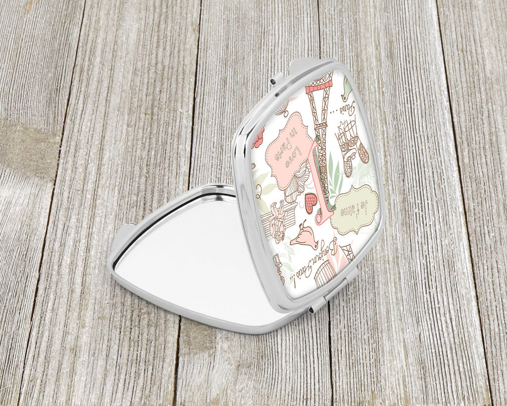 Letter J Love in Paris Pink Compact Mirror Decorative Travel Makeup Mirror for Women Girls Gifts Pocket Makeup Mirror Folding Handheld