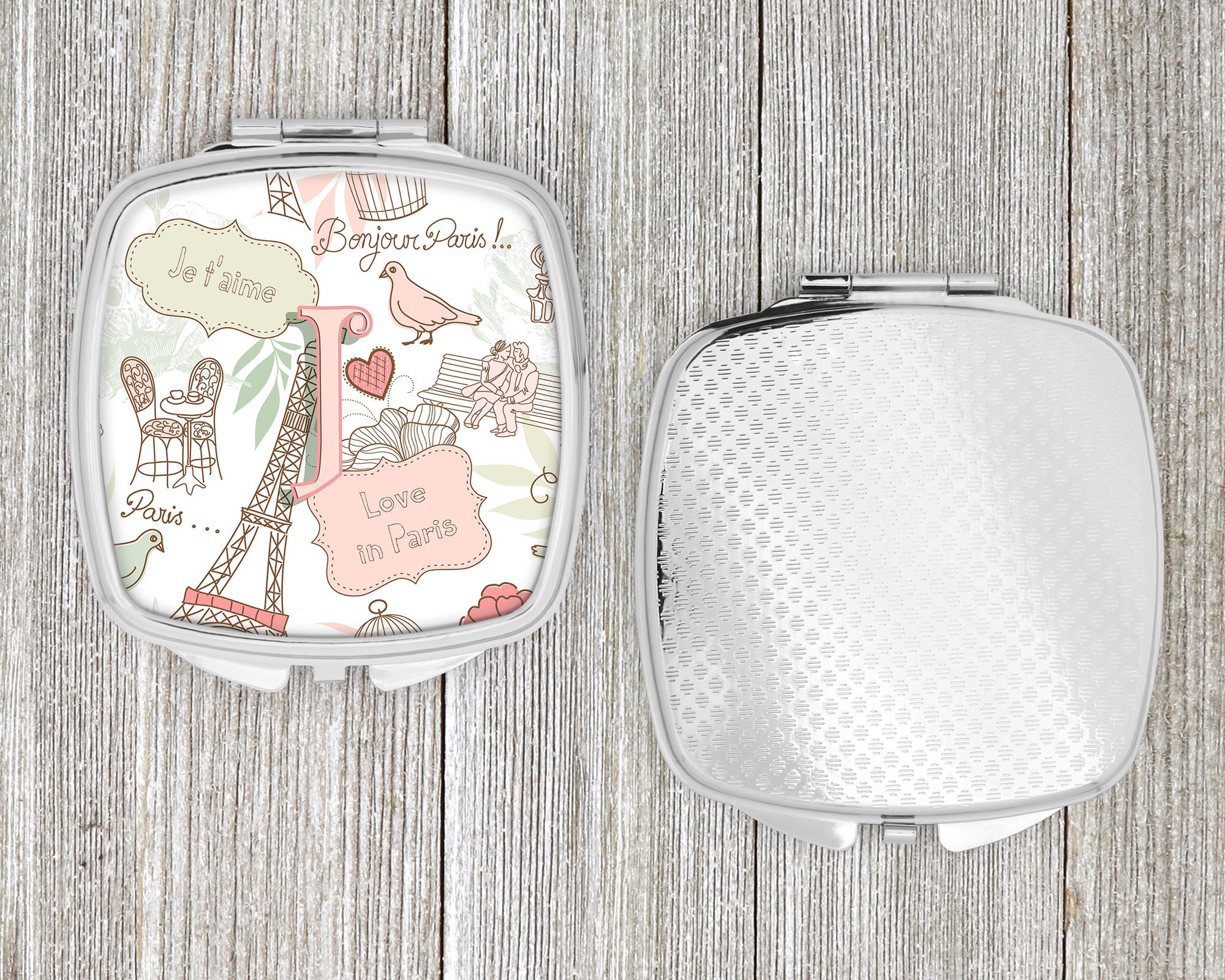 Letter J Love in Paris Pink Compact Mirror Decorative Travel Makeup Mirror for Women Girls Gifts Pocket Makeup Mirror Folding Handheld
