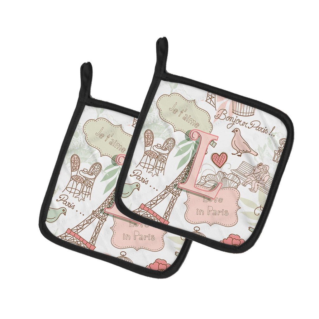 Letter L Love in Paris Pink Pot Holder Set of 2 Heat Resistant Quilted Hot Pads 7.5 x 7.5 Inch, Insulated Kitchen Trivets for Cooking & Baking
