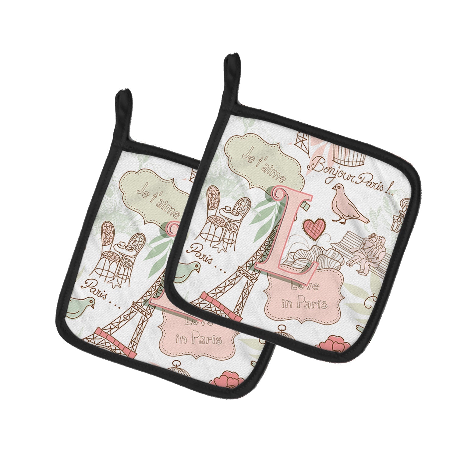 Letter L Love in Paris Pink Pot Holder Set of 2 Heat Resistant Quilted Hot Pads 7.5 x 7.5 Inch, Insulated Kitchen Trivets for Cooking & Baking