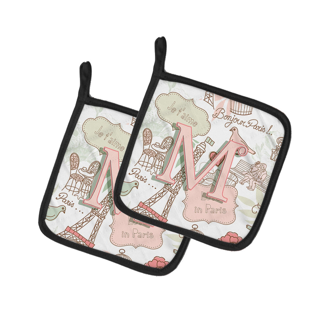 Letter M Love in Paris Pink Pot Holder Set of 2 Heat Resistant Quilted Hot Pads 7.5 x 7.5 Inch, Insulated Kitchen Trivets for Cooking & Baking