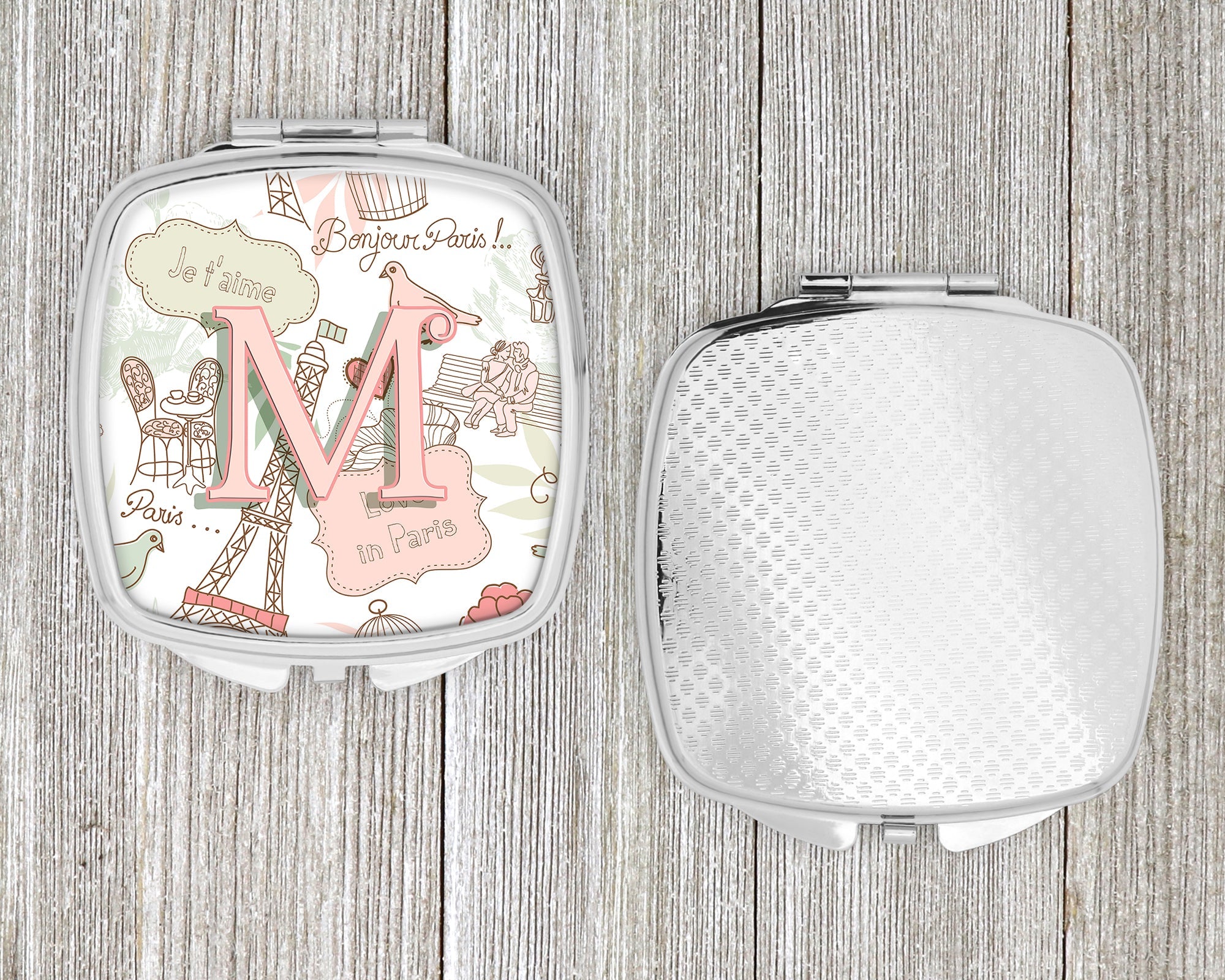 Letter M Love in Paris Pink Compact Mirror Decorative Travel Makeup Mirror for Women Girls Gifts Pocket Makeup Mirror Folding Handheld