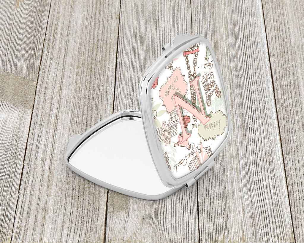 Letter N Love in Paris Pink Compact Mirror Decorative Travel Makeup Mirror for Women Girls Gifts Pocket Makeup Mirror Folding Handheld