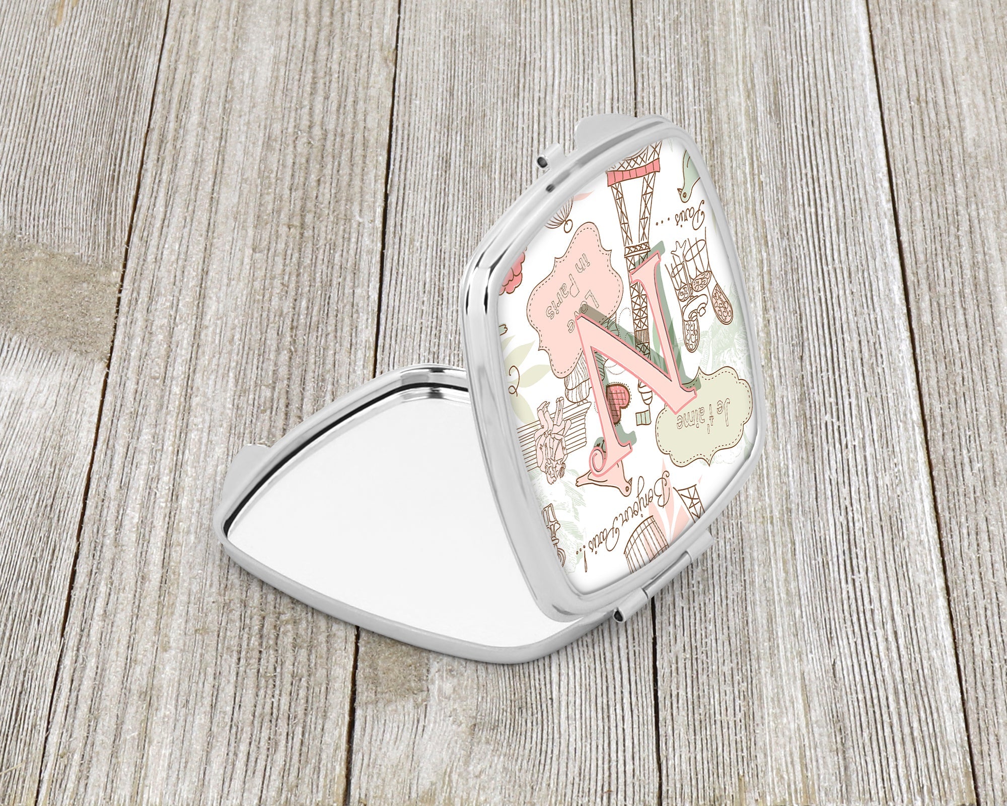 Letter N Love in Paris Pink Compact Mirror Decorative Travel Makeup Mirror for Women Girls Gifts Pocket Makeup Mirror Folding Handheld