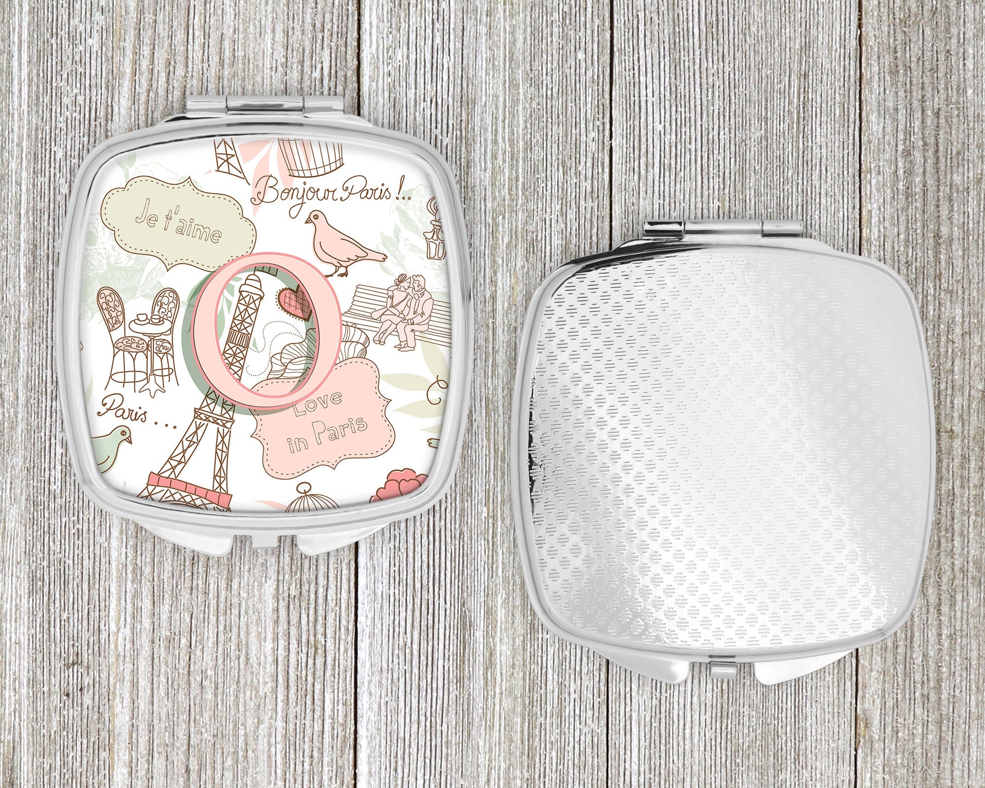 Letter O Love in Paris Pink Compact Mirror Decorative Travel Makeup Mirror for Women Girls Gifts Pocket Makeup Mirror Folding Handheld