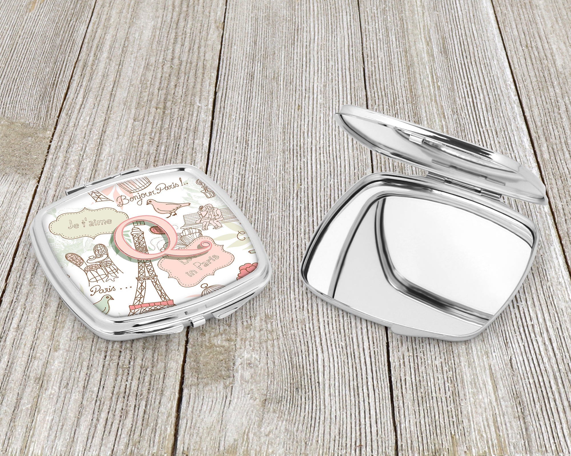 Letter Q Love in Paris Pink Compact Mirror Decorative Travel Makeup Mirror for Women Girls Gifts Pocket Makeup Mirror Folding Handheld