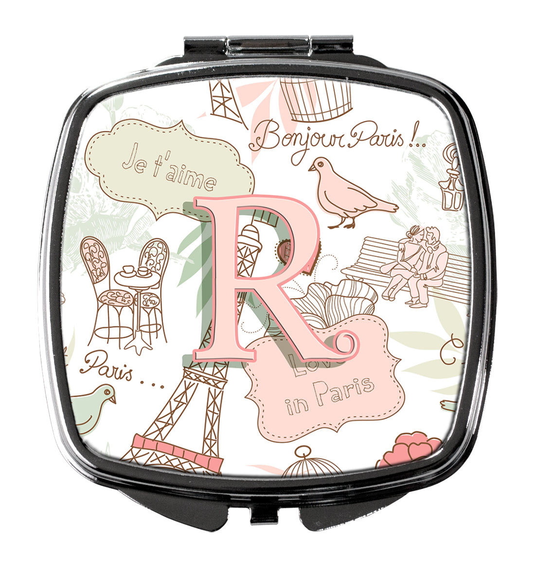 Letter R Love in Paris Pink Compact Mirror Decorative Travel Makeup Mirror for Women Girls Gifts Pocket Makeup Mirror Folding Handheld