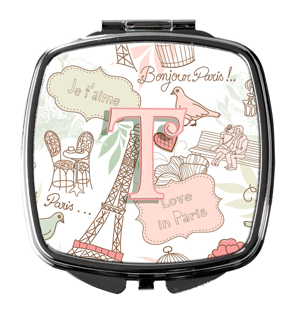 Letter T Love in Paris Pink Compact Mirror Decorative Travel Makeup Mirror for Women Girls Gifts Pocket Makeup Mirror Folding Handheld