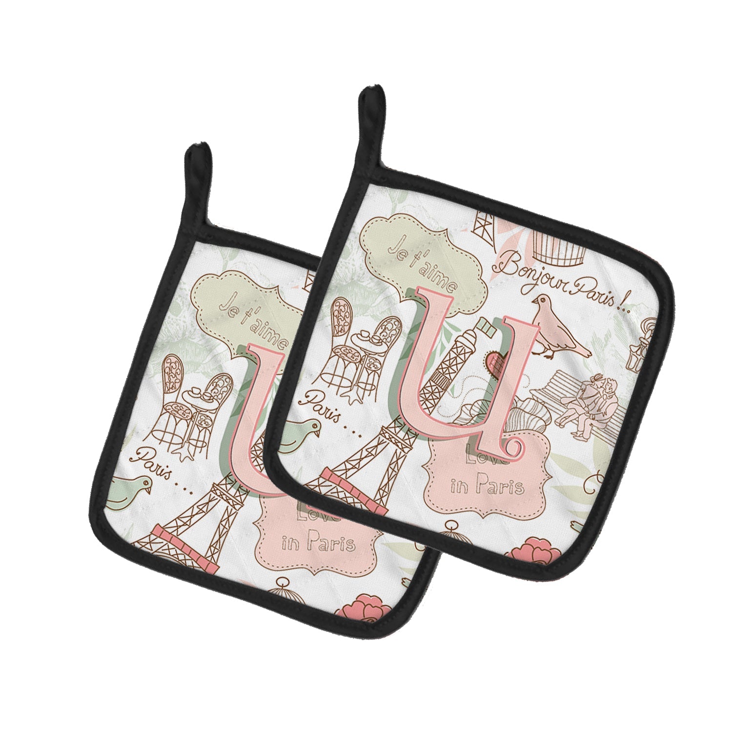 Letter U Love in Paris Pink Pot Holder Set of 2 Heat Resistant Quilted Hot Pads 7.5 x 7.5 Inch, Insulated Kitchen Trivets for Cooking & Baking