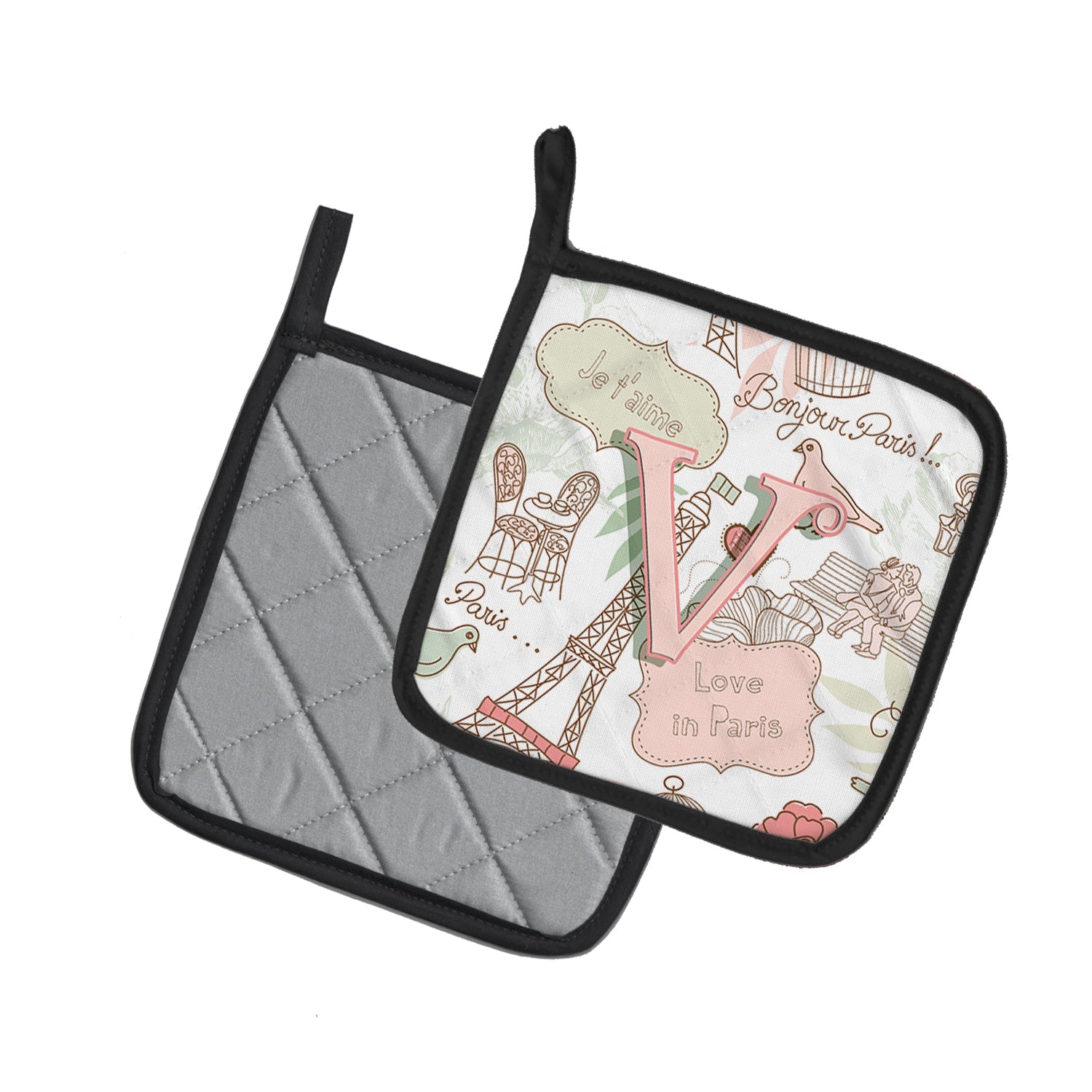 Letter V Love in Paris Pink Pot Holder Set of 2 Heat Resistant Quilted Hot Pads 7.5 x 7.5 Inch, Insulated Kitchen Trivets for Cooking & Baking