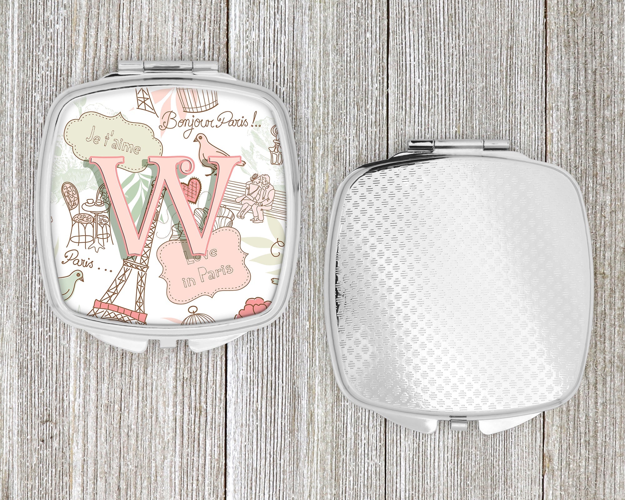 Letter W Love in Paris Pink Compact Mirror Decorative Travel Makeup Mirror for Women Girls Gifts Pocket Makeup Mirror Folding Handheld
