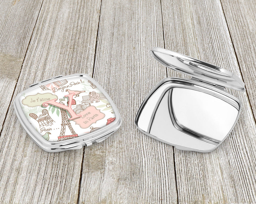 Letter Y Love in Paris Pink Compact Mirror Decorative Travel Makeup Mirror for Women Girls Gifts Pocket Makeup Mirror Folding Handheld