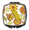 Letter A Floral Mustard and Green Compact Mirror Decorative Travel Makeup Mirror for Women Girls Gifts Pocket Makeup Mirror Folding Handheld