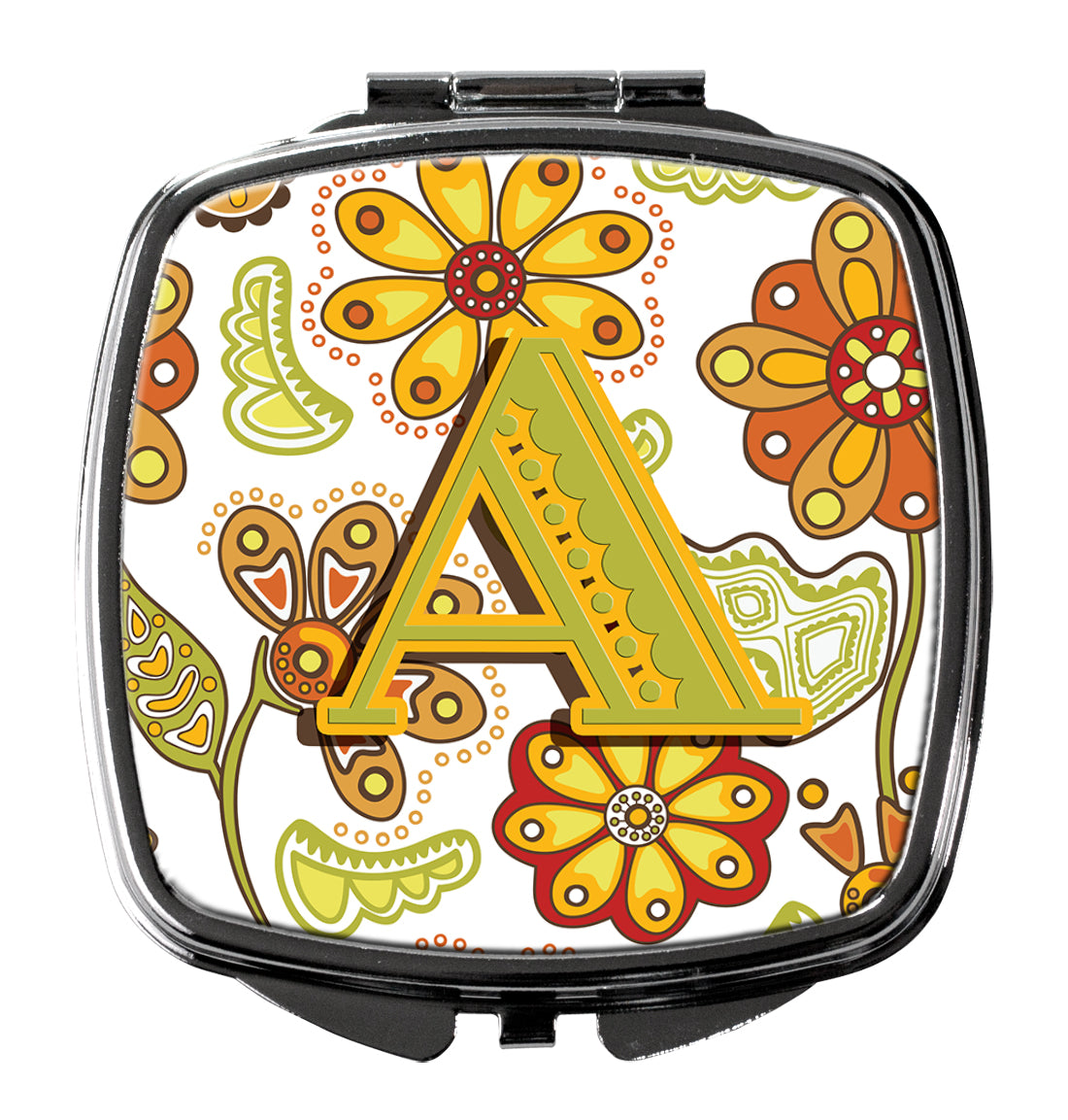 Letter A Floral Mustard and Green Compact Mirror Decorative Travel Makeup Mirror for Women Girls Gifts Pocket Makeup Mirror Folding Handheld