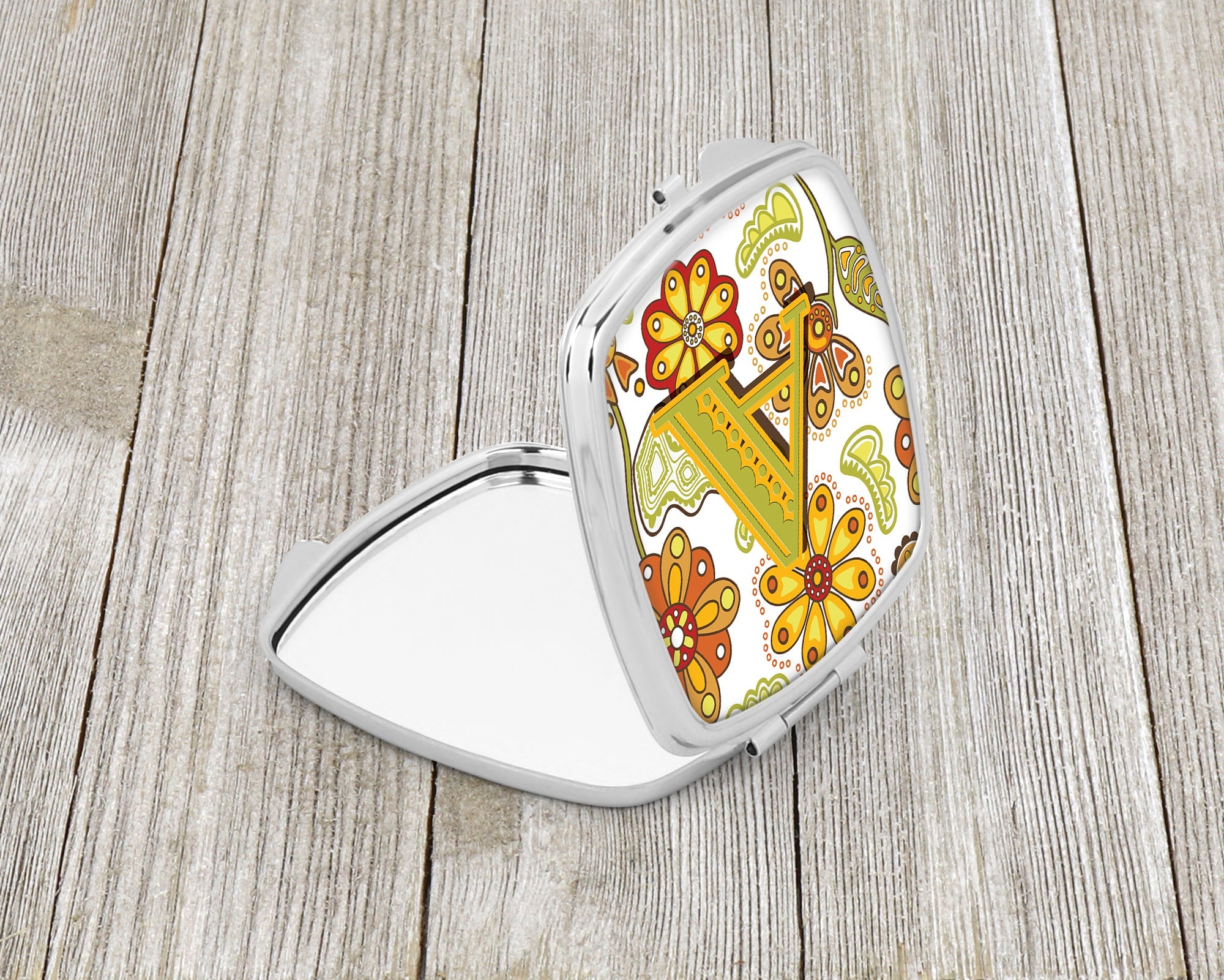 Letter A Floral Mustard and Green Compact Mirror Decorative Travel Makeup Mirror for Women Girls Gifts Pocket Makeup Mirror Folding Handheld
